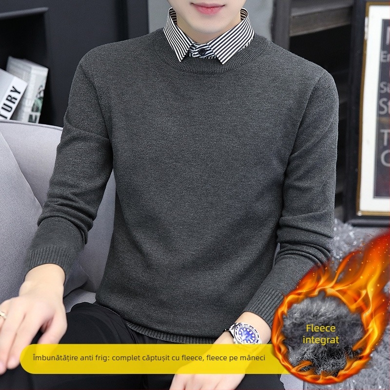 Pulover tricotat pentru bărbați, cu guler rever, căptușit velur, gros pentru iarnă, mânecă lungă