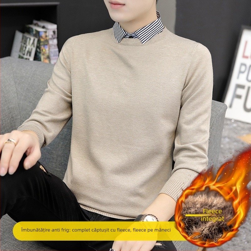 Pulover tricotat pentru bărbați, cu guler rever, căptușit velur, gros pentru iarnă, mânecă lungă