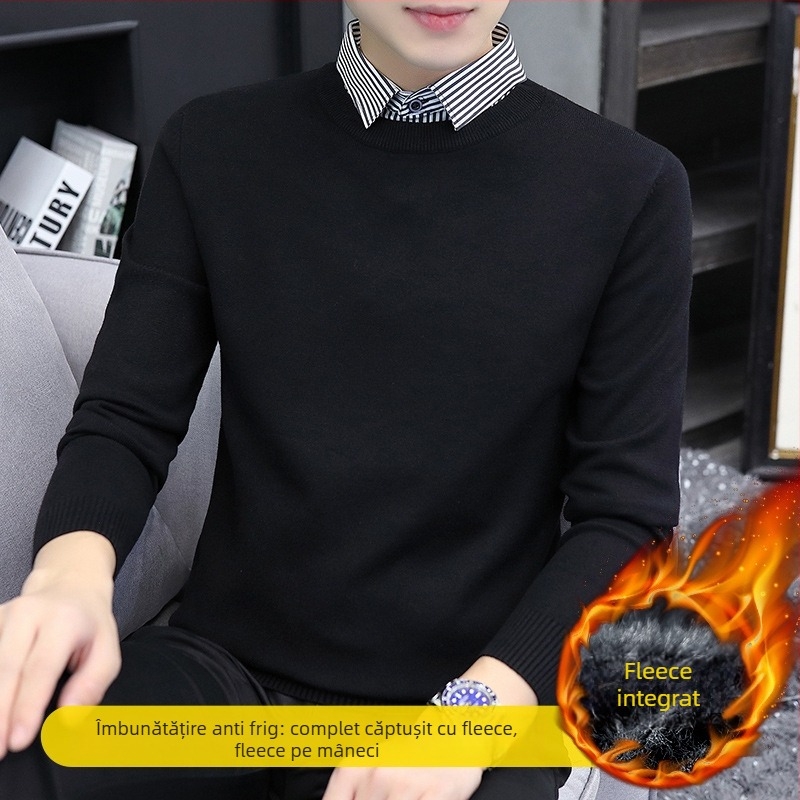 Pulover tricotat pentru bărbați, cu guler rever, căptușit velur, gros pentru iarnă, mânecă lungă