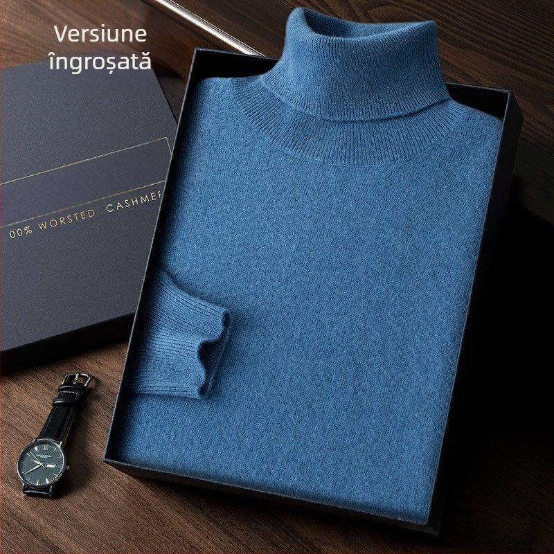 Pulover bărbătesc din cașmir, guler înalt, croială Slim, mâneci lungi, tricot gros
