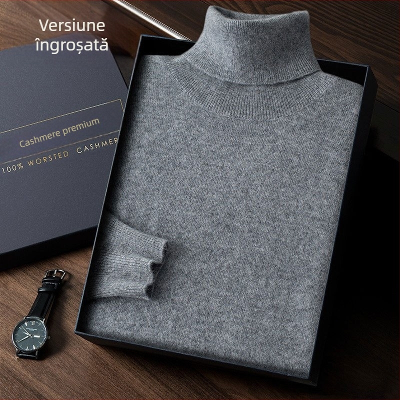 Pulover bărbătesc din cașmir, guler înalt, croială Slim, mâneci lungi, tricot gros