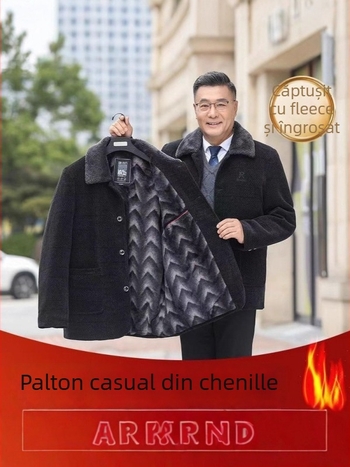 Geacă de iarnă pentru bărbați, guler rever, închidere cu nasturi, croială lejeră, buzunare cu patch, material poliester