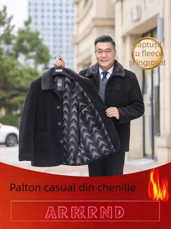 Geacă de iarnă pentru bărbați, guler rever, închidere cu nasturi, croială lejeră, buzunare cu patch, material poliester