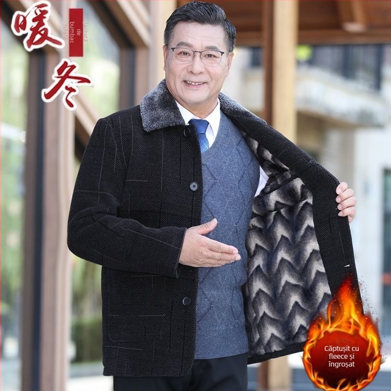 Geacă de iarnă pentru bărbați, guler rever, închidere cu nasturi, croială lejeră, buzunare cu patch, material poliester