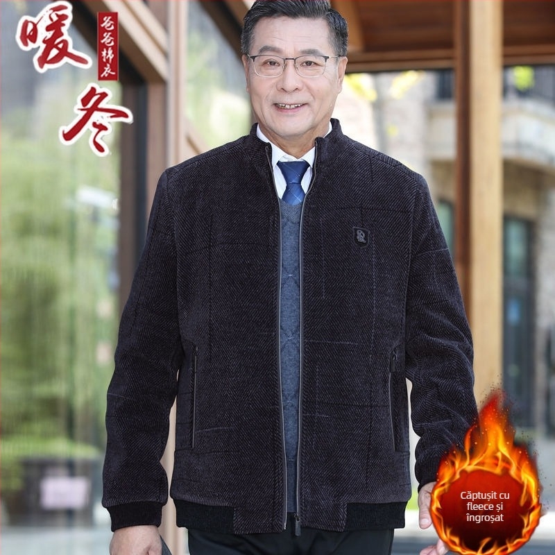 Geacă de iarnă pentru bărbați, guler rever, închidere cu nasturi, croială lejeră, buzunare cu patch, material poliester