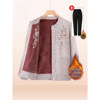 Jachetă scurtă tricotată căptușită, brodată, caldă și elegantă pentru toamnă-iarnă, pentru seniori