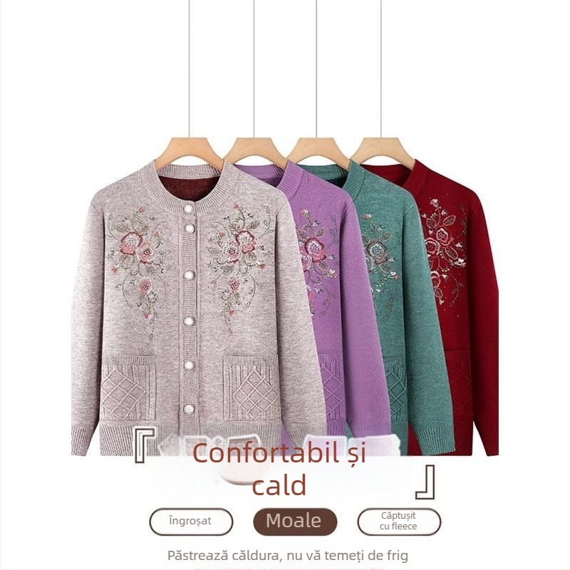 Jachetă scurtă tricotată căptușită, brodată, caldă și elegantă pentru toamnă-iarnă, pentru seniori