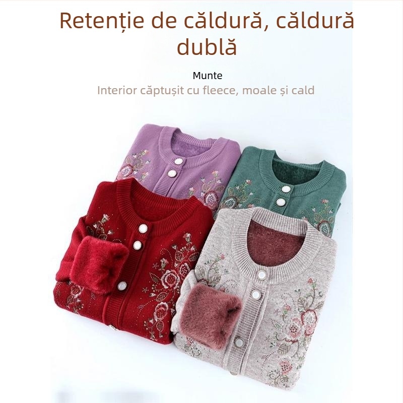 Jachetă scurtă tricotată căptușită, brodată, caldă și elegantă pentru toamnă-iarnă, pentru seniori