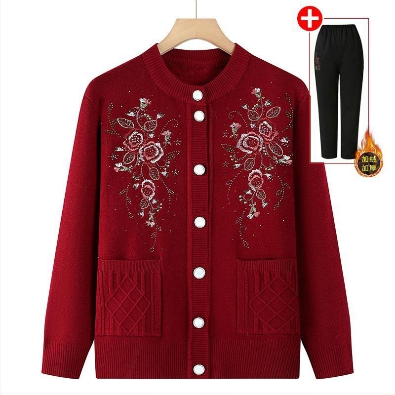Jachetă scurtă tricotată căptușită, brodată, caldă și elegantă pentru toamnă-iarnă, pentru seniori
