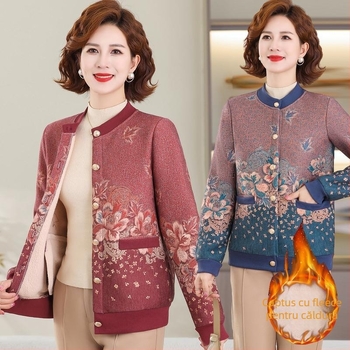 Cardigan tricotat pentru femei în vârstă, mâneci lungi, guler rotund, croială lejeră, material poliester