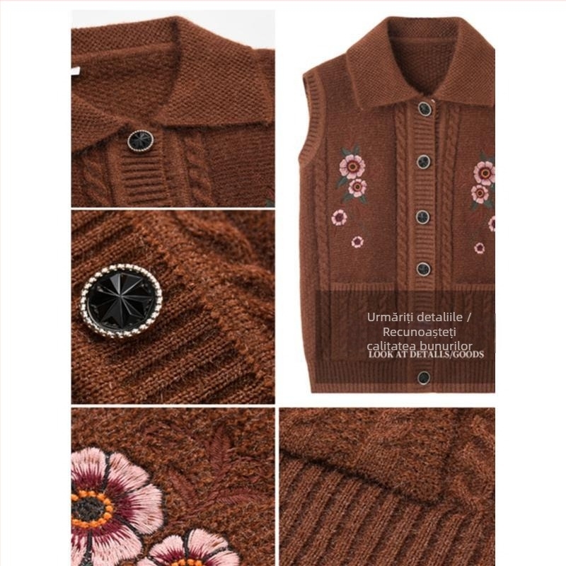 Gilet tricotat pentru vârstnici cu glugă, croială lejeră, poliester (>95%), iarnă 2025, stil elegant pentru deplasări