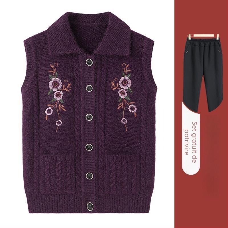 Gilet tricotat pentru vârstnici cu glugă, croială lejeră, poliester (>95%), iarnă 2025, stil elegant pentru deplasări