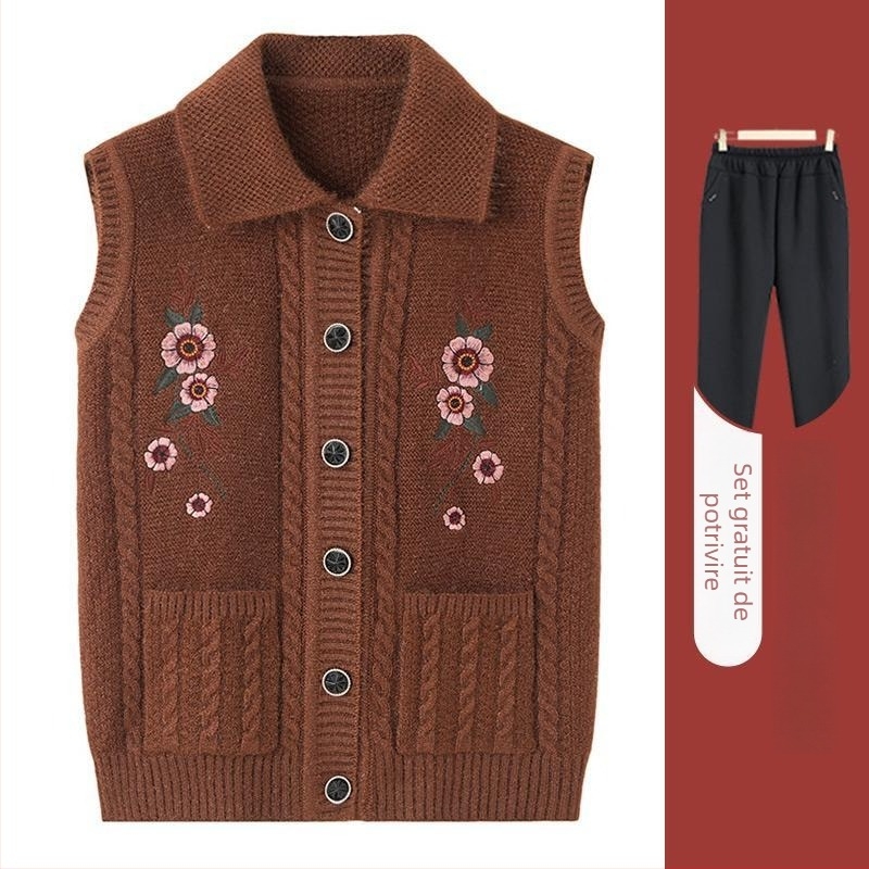 Gilet tricotat pentru vârstnici cu glugă, croială lejeră, poliester (>95%), iarnă 2025, stil elegant pentru deplasări