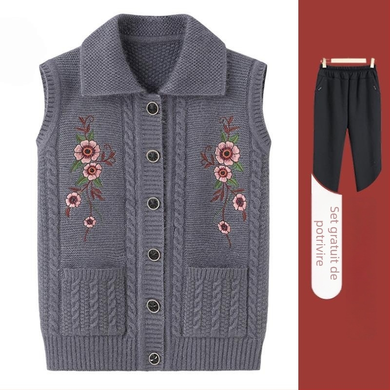 Gilet tricotat pentru vârstnici cu glugă, croială lejeră, poliester (>95%), iarnă 2025, stil elegant pentru deplasări