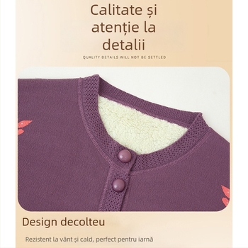 Cardigan de iarnă pentru persoane în vârstă — fleece căptușit, poliester, mâneci lungi, croială lejeră, închidere cu nasturi