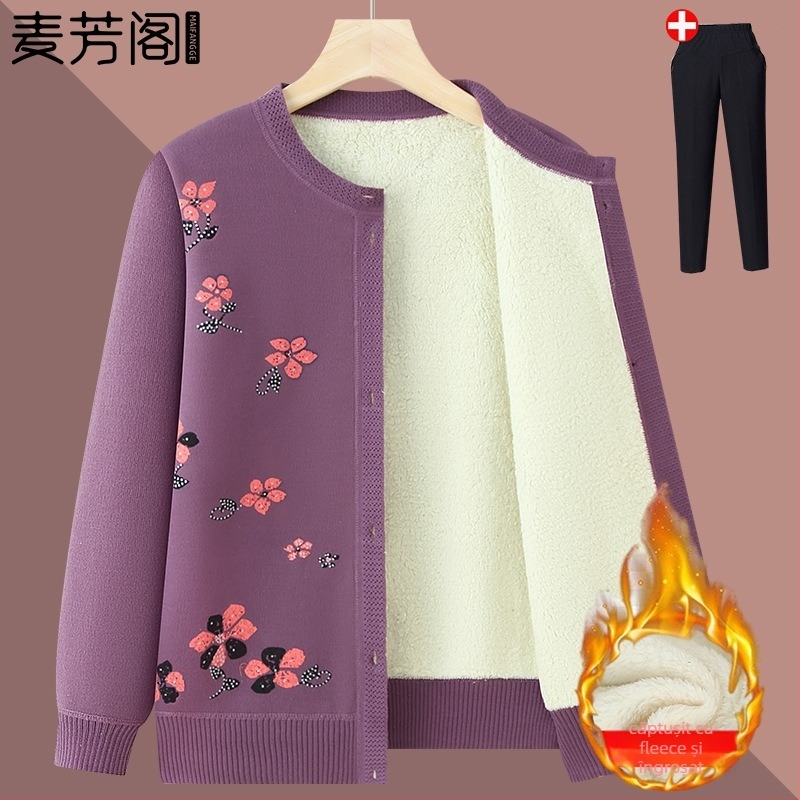 Cardigan de iarnă pentru persoane în vârstă — fleece căptușit, poliester, mâneci lungi, croială lejeră, închidere cu nasturi