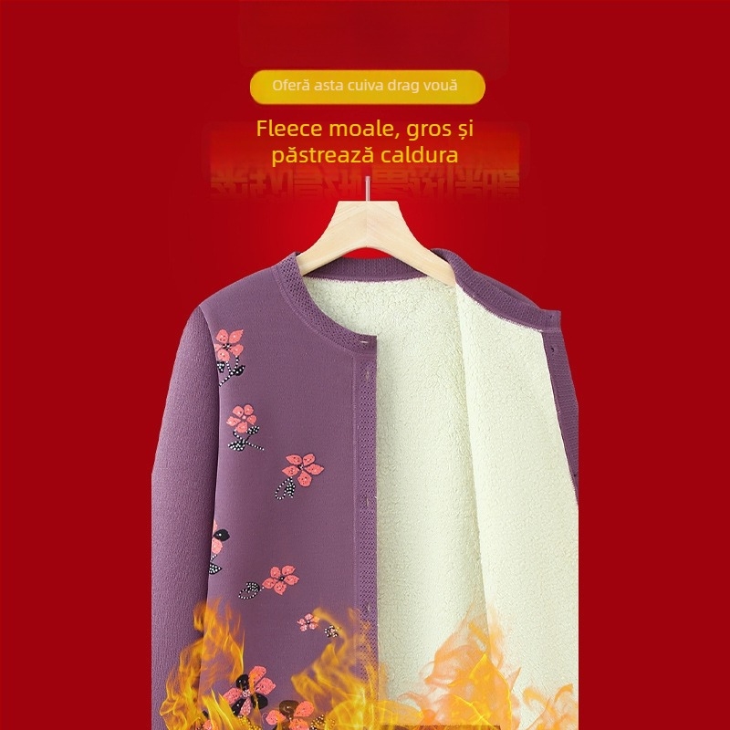 Cardigan de iarnă pentru persoane în vârstă — fleece căptușit, poliester, mâneci lungi, croială lejeră, închidere cu nasturi