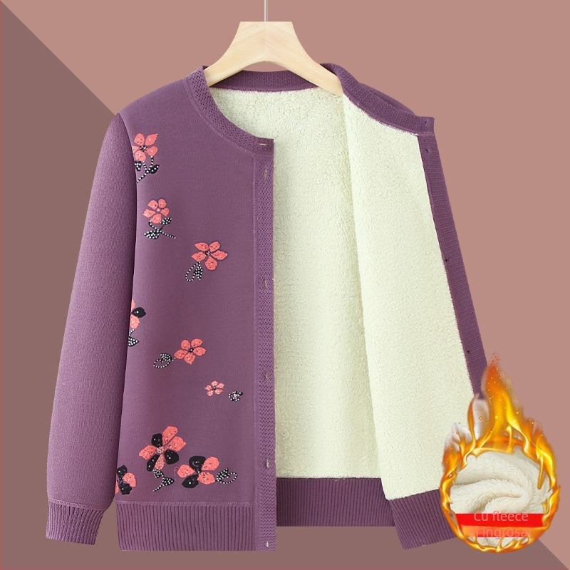 Cardigan de iarnă pentru persoane în vârstă — fleece căptușit, poliester, mâneci lungi, croială lejeră, închidere cu nasturi