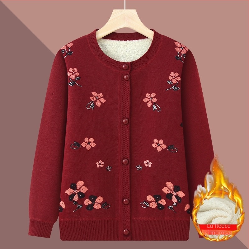 Cardigan de iarnă pentru persoane în vârstă — fleece căptușit, poliester, mâneci lungi, croială lejeră, închidere cu nasturi