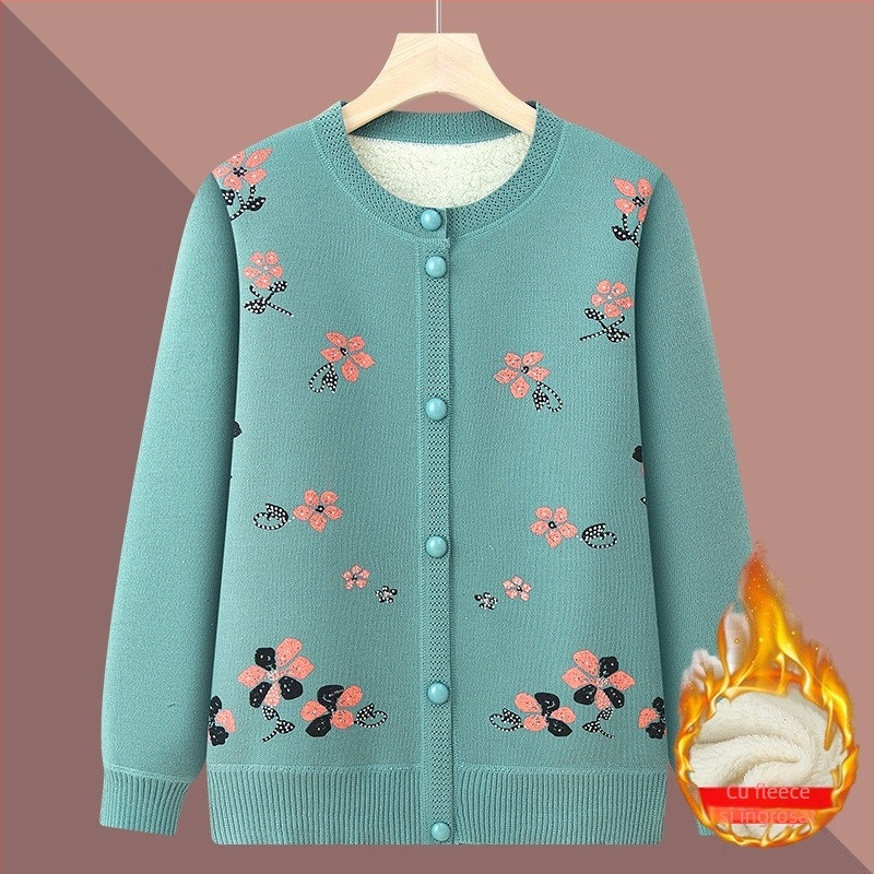 Cardigan de iarnă pentru persoane în vârstă — fleece căptușit, poliester, mâneci lungi, croială lejeră, închidere cu nasturi