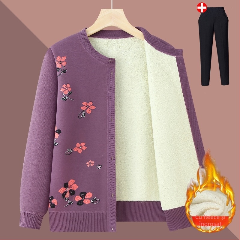 Cardigan de iarnă pentru persoane în vârstă — fleece căptușit, poliester, mâneci lungi, croială lejeră, închidere cu nasturi