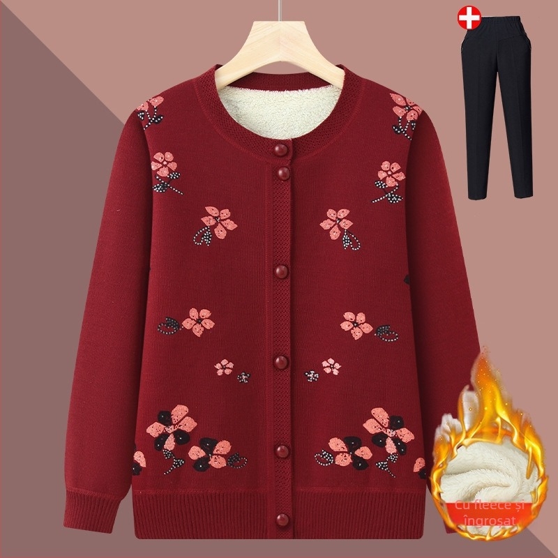 Cardigan de iarnă pentru persoane în vârstă — fleece căptușit, poliester, mâneci lungi, croială lejeră, închidere cu nasturi