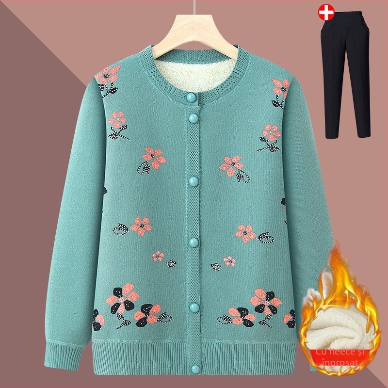 Cardigan de iarnă pentru persoane în vârstă — fleece căptușit, poliester, mâneci lungi, croială lejeră, închidere cu nasturi