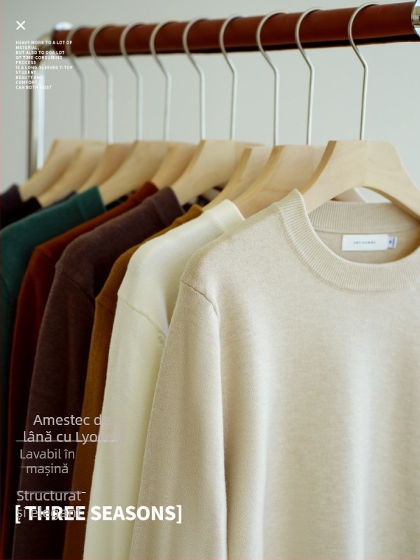 Pulover tricotat pentru bărbați, croială Slim-Fit, guler rotund, mâneci lungi — amestec Tencel-lână, respirabil, lavabil la mașină