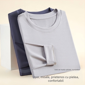 Tricou termic pentru bărbați, amestec lână-modal, subțire, guler rotund, mâneci lungi, 85.9% modal, 181–200 g/m2