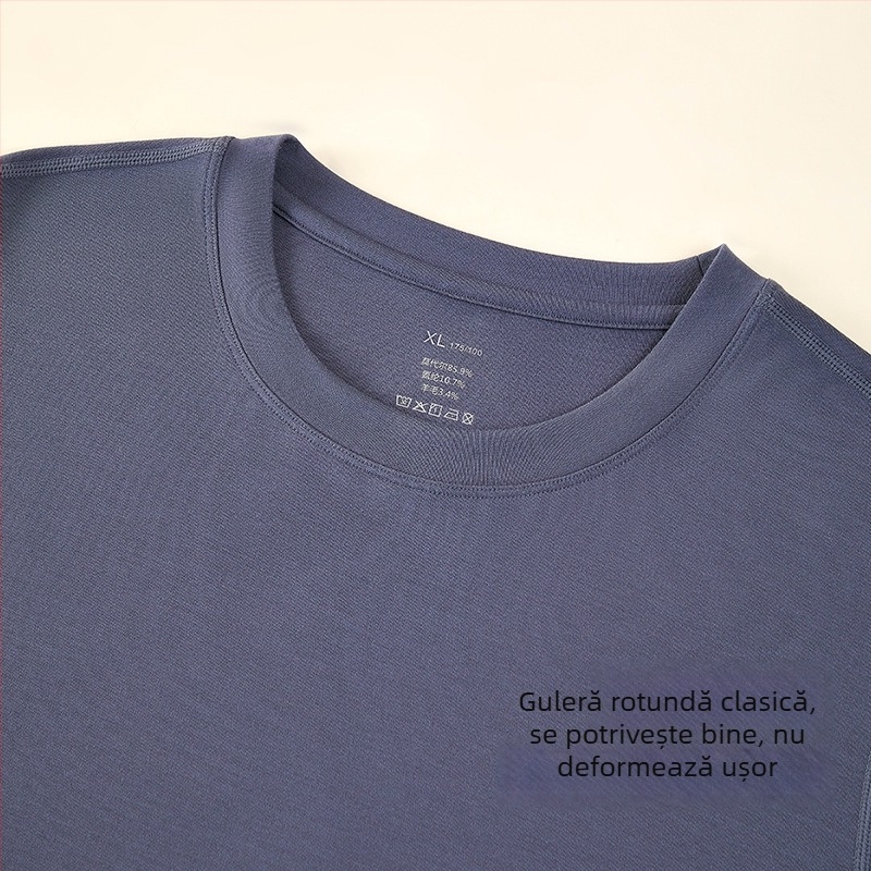 Tricou termic pentru bărbați, amestec lână-modal, subțire, guler rotund, mâneci lungi, 85.9% modal, 181–200 g/m2