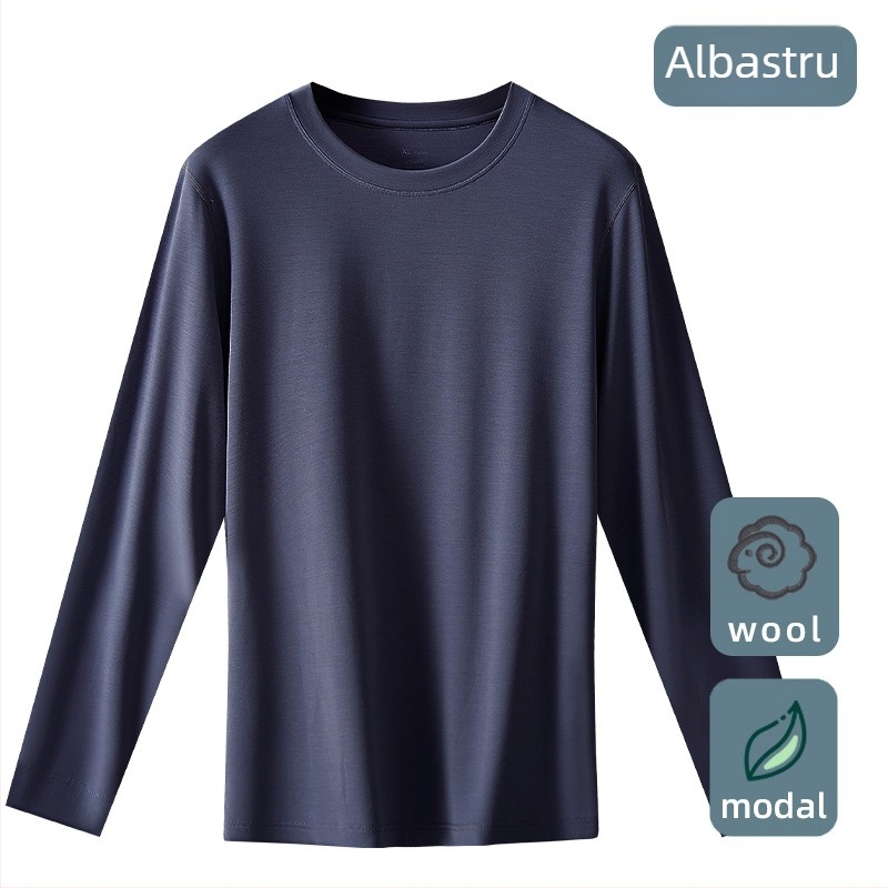 Tricou termic pentru bărbați, amestec lână-modal, subțire, guler rotund, mâneci lungi, 85.9% modal, 181–200 g/m2