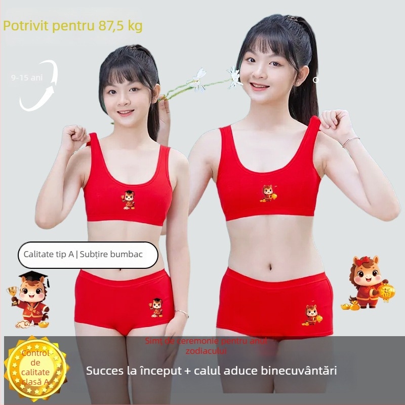 Set de lenjerie din bumbac pentru adolescente: bustieră cupe 1/2, cupă subțire modelată, bretele fixe, fără inele metalice, stil sport, pentru 13–18 ani