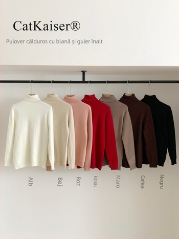 Pulover tricotat cu glugă și guler înalt, gros, material nylon-spandex, iarna 2025