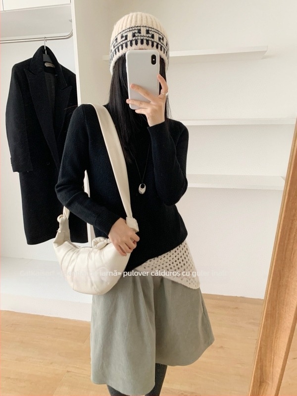 Pulover tricotat cu glugă și guler înalt, gros, material nylon-spandex, iarna 2025