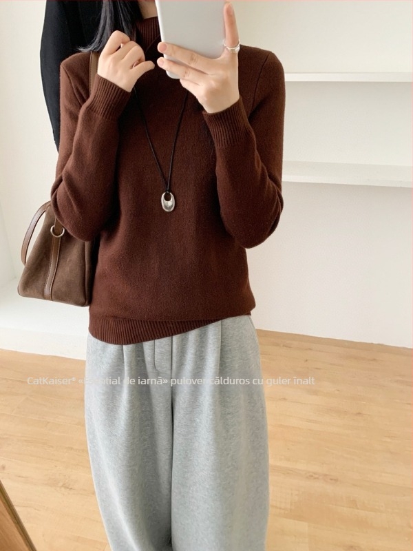 Pulover tricotat cu glugă și guler înalt, gros, material nylon-spandex, iarna 2025