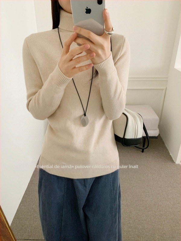 Pulover tricotat cu glugă și guler înalt, gros, material nylon-spandex, iarna 2025