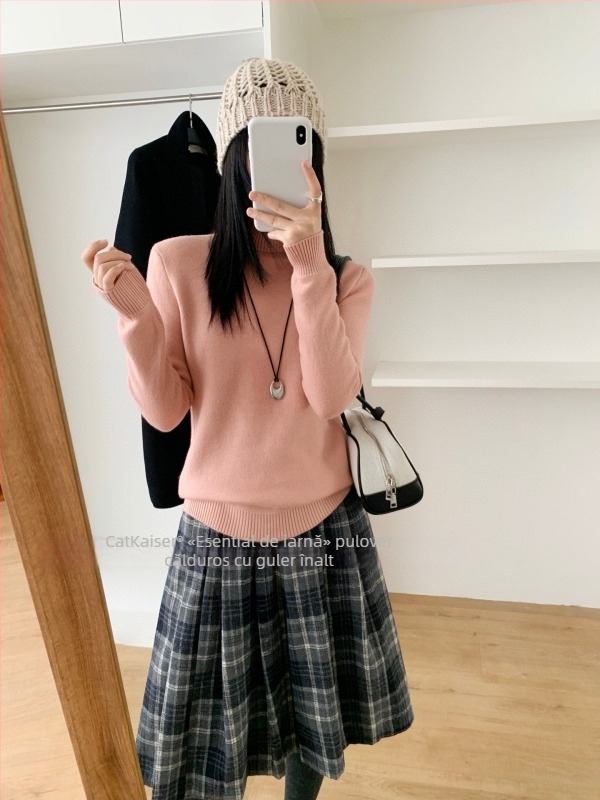 Pulover tricotat cu glugă și guler înalt, gros, material nylon-spandex, iarna 2025