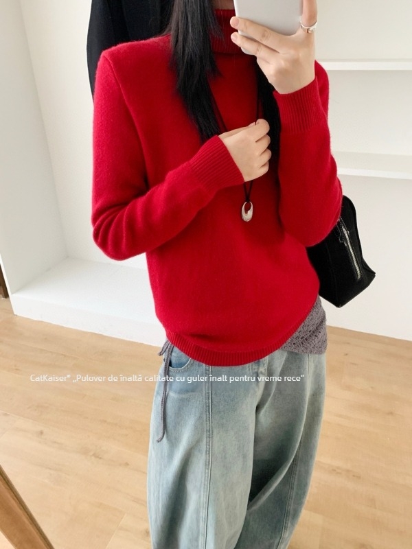 Pulover tricotat cu glugă și guler înalt, gros, material nylon-spandex, iarna 2025