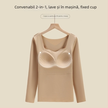 Set termic subțire pentru femei, cu cupă fixă și mâneci lungi, cu tampoane pentru sân, antibacterian, elastic, păstrează cald, material nailon 68%
