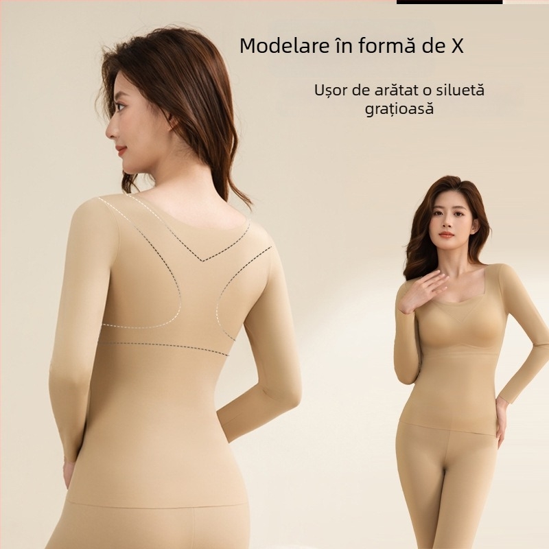 Set termic subțire pentru femei, cu cupă fixă și mâneci lungi, cu tampoane pentru sân, antibacterian, elastic, păstrează cald, material nailon 68%