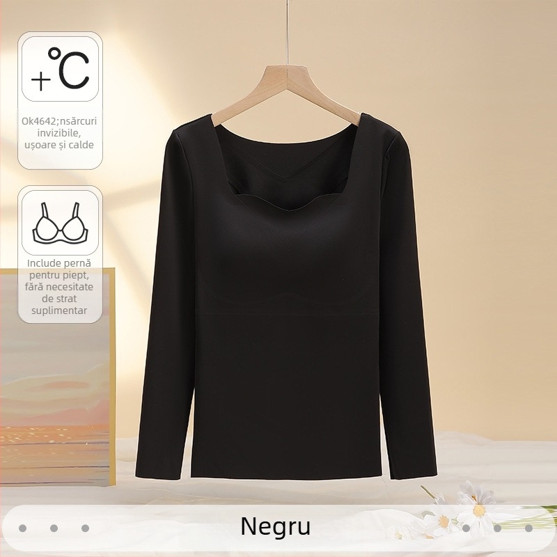 Set termic subțire pentru femei, cu cupă fixă și mâneci lungi, cu tampoane pentru sân, antibacterian, elastic, păstrează cald, material nailon 68%