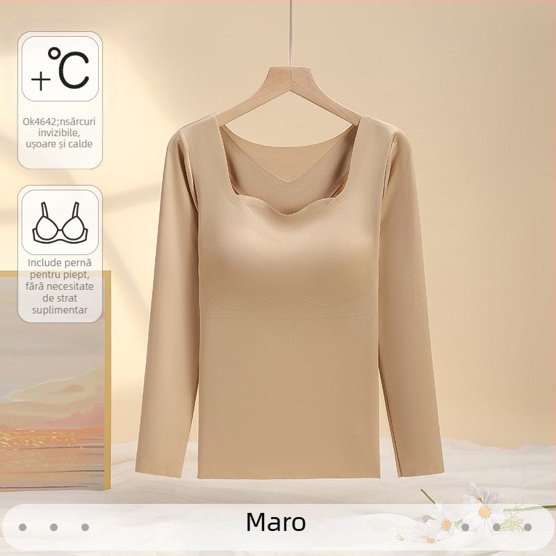 Set termic subțire pentru femei, cu cupă fixă și mâneci lungi, cu tampoane pentru sân, antibacterian, elastic, păstrează cald, material nailon 68%