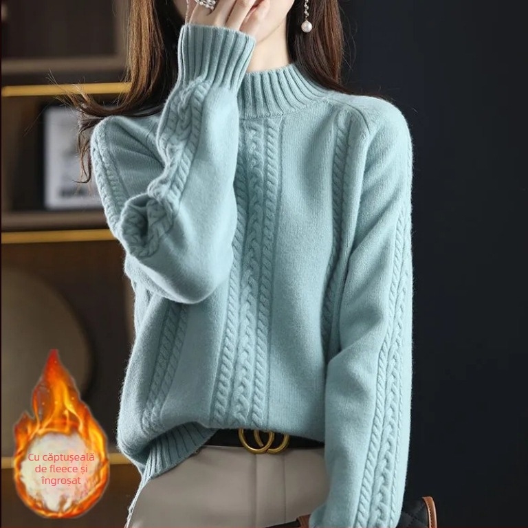 Pulover pentru femei tricotat, cu guler semi-înalt și tricot cablat, gros; Lansare: Primăvara 2025; țesătură: Tr fabric; compoziție principală: PVC ≤30%; stil: stil chinezesc, retro literar