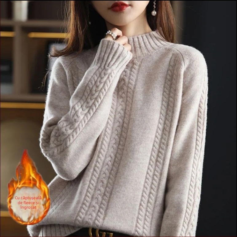 Pulover pentru femei tricotat, cu guler semi-înalt și tricot cablat, gros; Lansare: Primăvara 2025; țesătură: Tr fabric; compoziție principală: PVC ≤30%; stil: stil chinezesc, retro literar