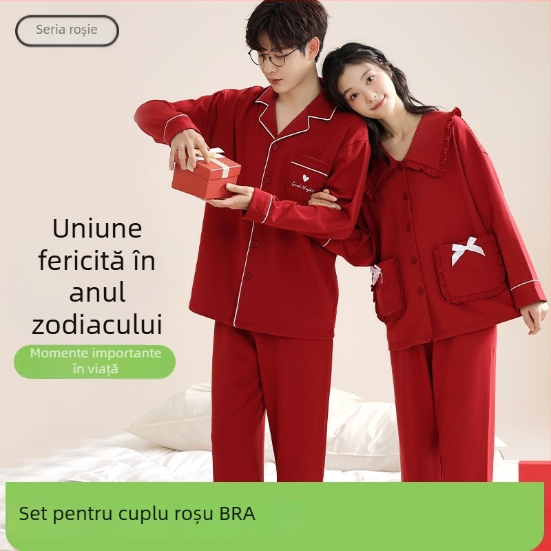 Set de pijamale pentru cupluri din bumbac tricotat - decolteu în V, mâneci lungi, pantaloni, greutate medie, confort de toamnă