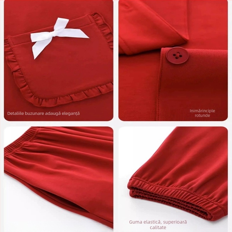 Set de pijamale pentru cupluri din bumbac tricotat - decolteu în V, mâneci lungi, pantaloni, greutate medie, confort de toamnă