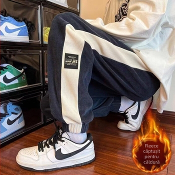 Pantaloni jogger casual pentru bărbați, croială lejeră, fleece, talie medie, închidere cu șiret, pentru relaxare