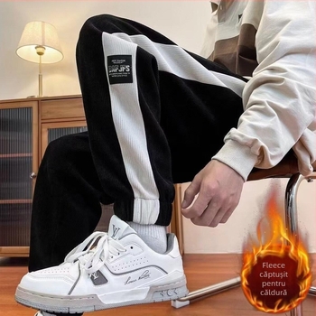 Pantaloni jogger casual pentru bărbați, croială lejeră, fleece, talie medie, închidere cu șiret, pentru relaxare