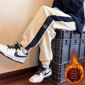 Pantaloni jogger casual pentru bărbați, croială lejeră, fleece, talie medie, închidere cu șiret, pentru relaxare