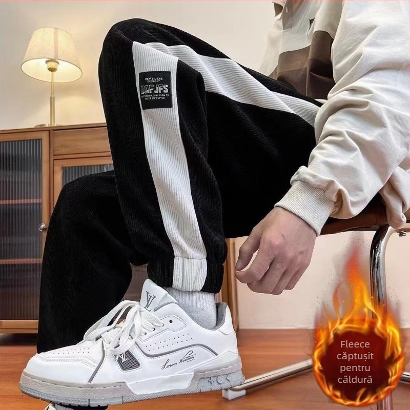 Pantaloni jogger casual pentru bărbați, croială lejeră, fleece, talie medie, închidere cu șiret, pentru relaxare
